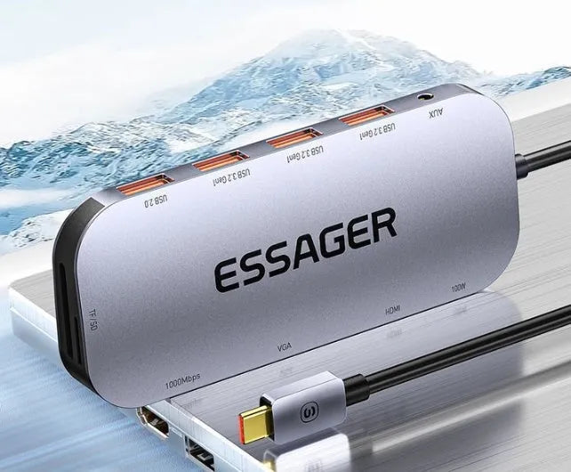 11-in-1 USB-C expansion hub with Gigabit Ethernet port and integrated cable separator.