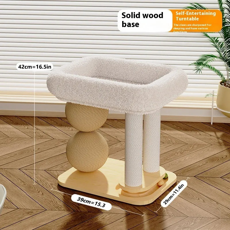 Pine wood cat nest with a central grasping ball for scratching, shown in a simple style.