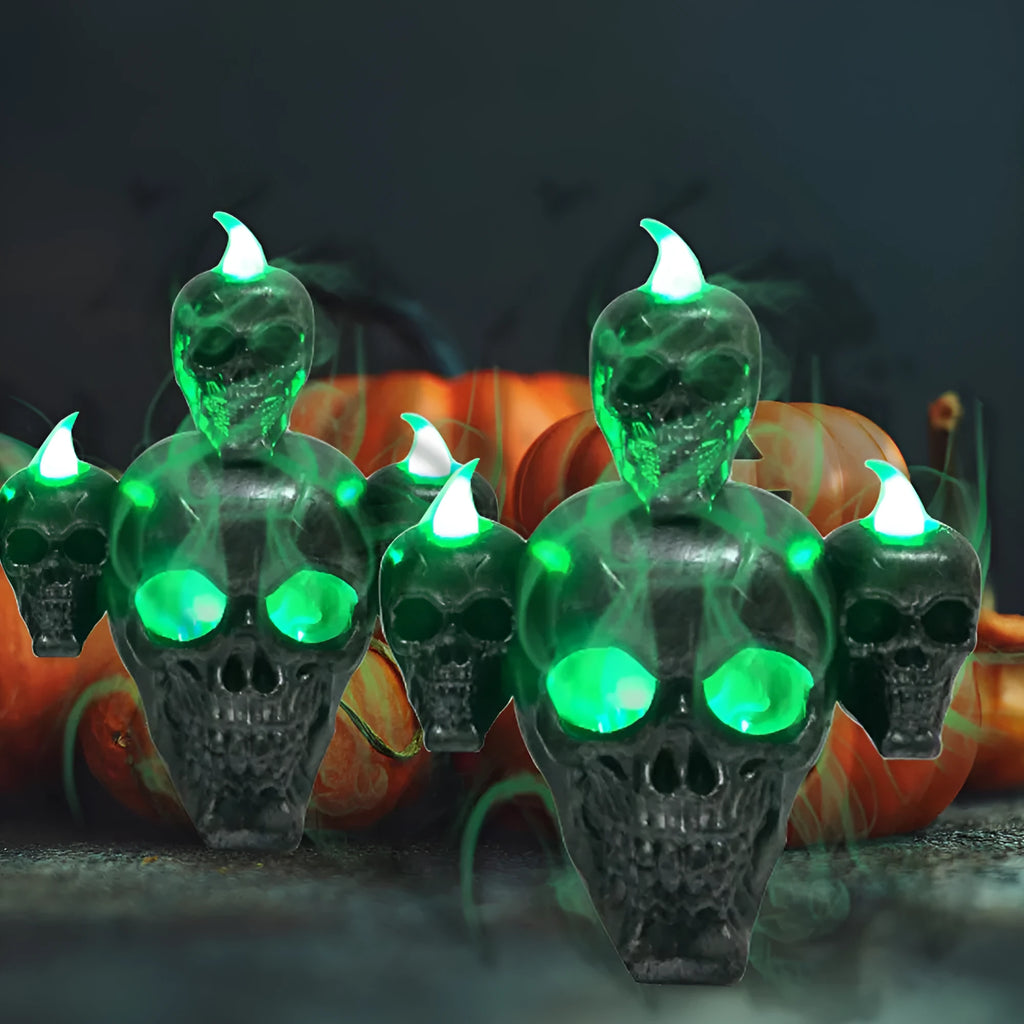 Halloween skull ornament with LED light, plastic construction, gold finish, 14x12x9cm