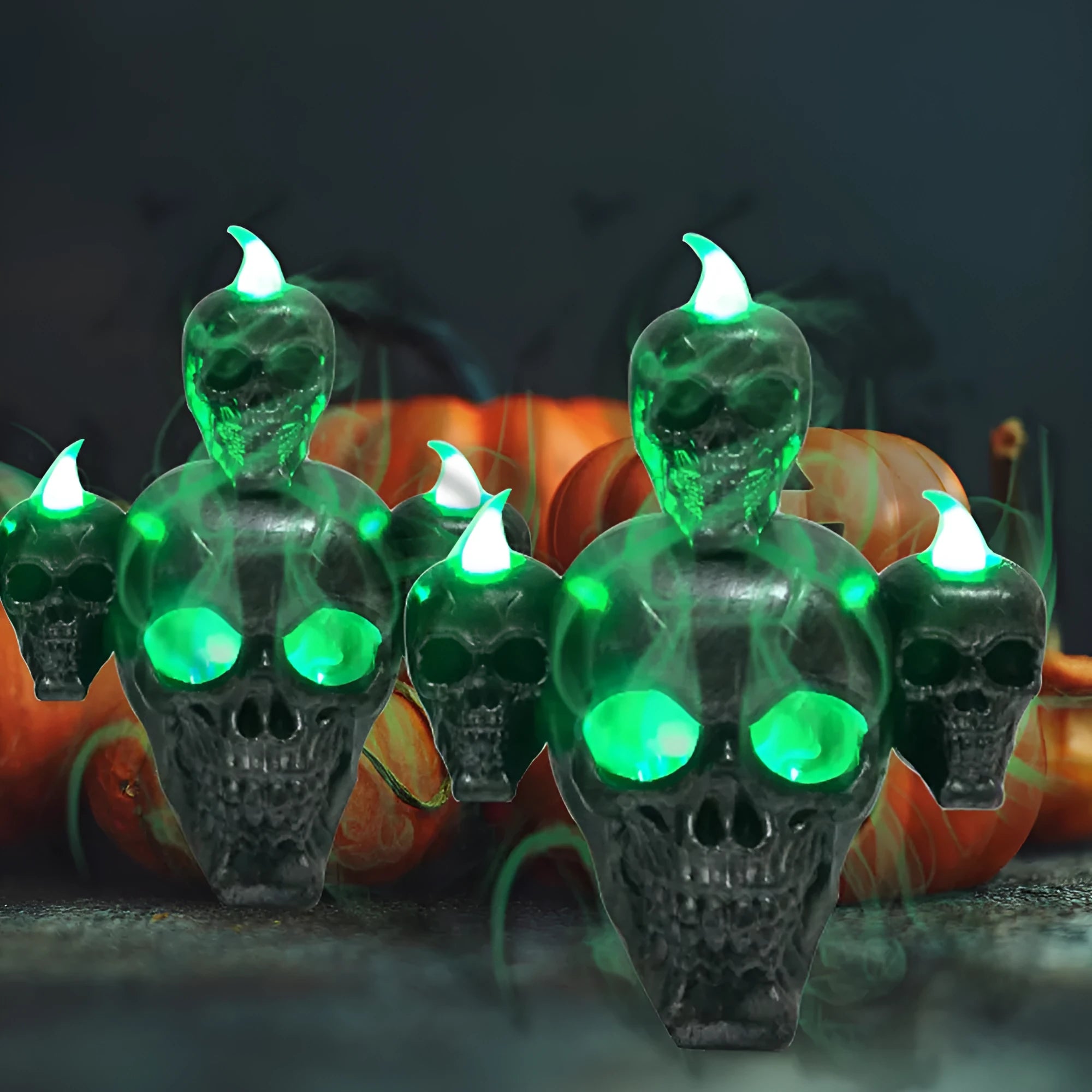 Halloween skull ornament with LED light, plastic construction, gold finish, 14x12x9cm