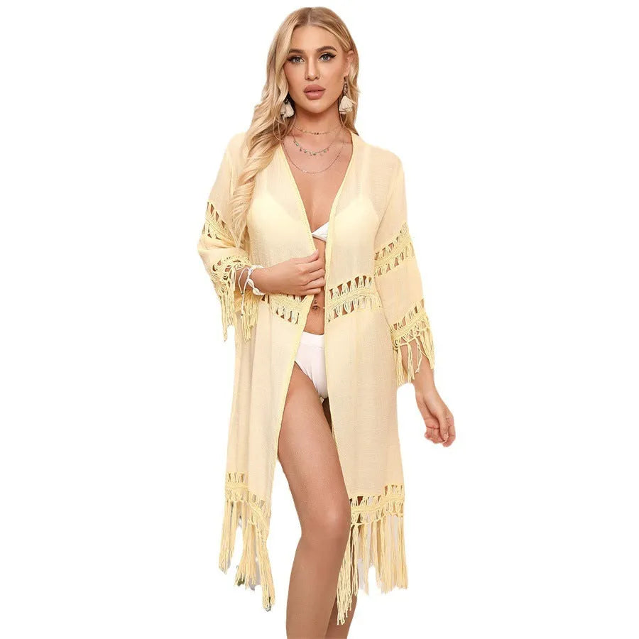 Hand-crocheted acrylic beach cardigan with tassel stitching in water green colour