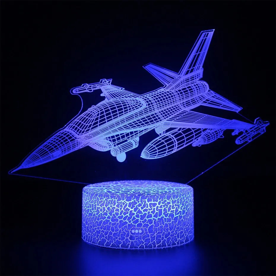 Cartoon aeroplane shaped LED night light with a touch-sensitive switch and acrylic shade.