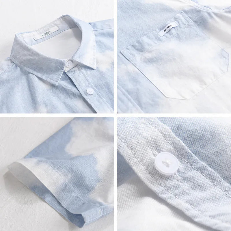 Men's light pink short-sleeved cotton shirt with loose cardigan style on hanger