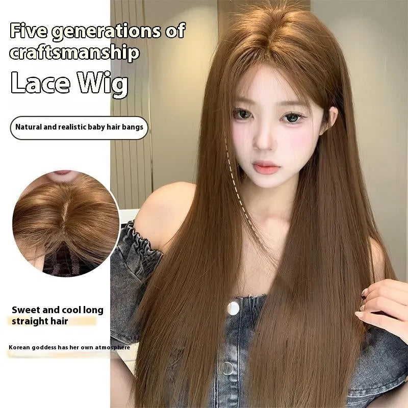 Warm brown synthetic lace front wig with centre part and long straight hair with side bangs