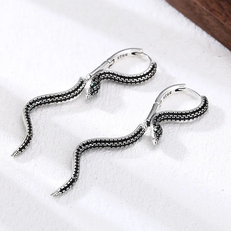 Snake earrings with inlaid zircon on copper, Black Diamond colour, retro Korean style, one pair