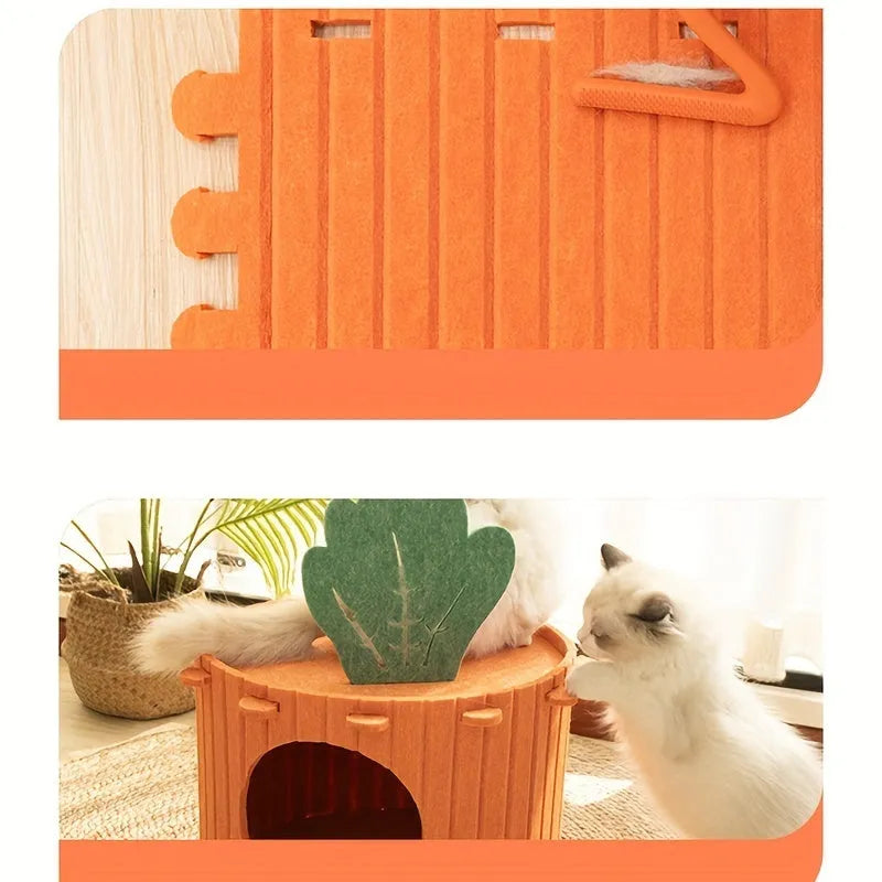 Carrot-shaped grey felt cat nest tunnel with a round entry hole, shown in medium and large sizes.