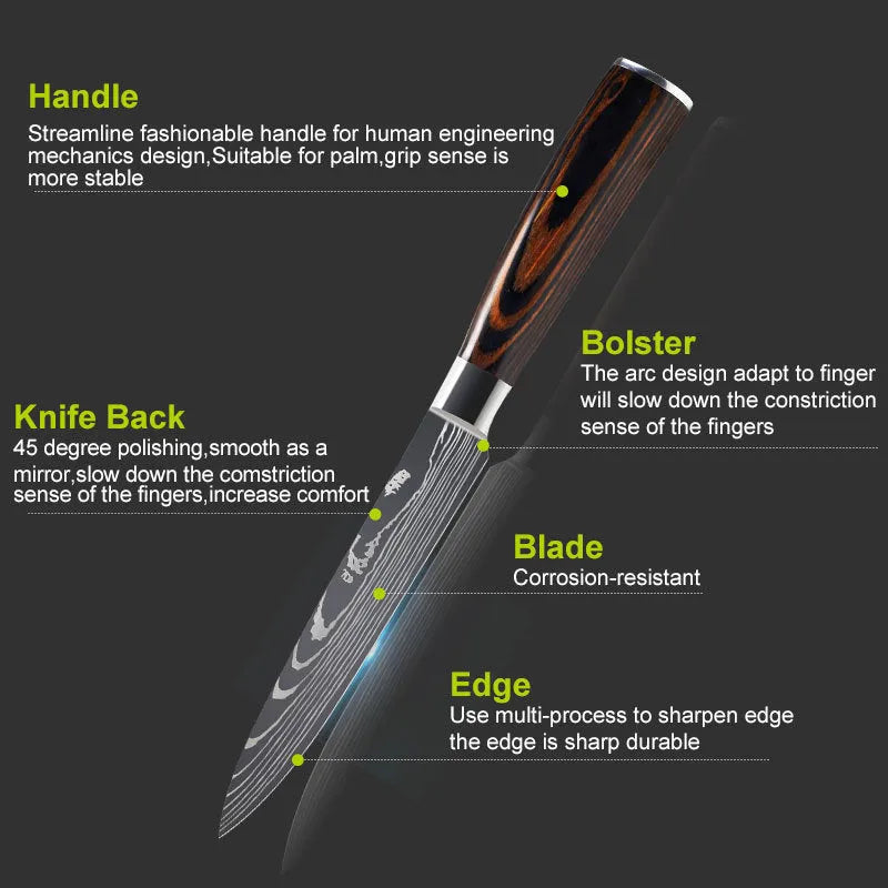 Chef knife with laser Damascus pattern on blade, steel handle, showing 30cm length.