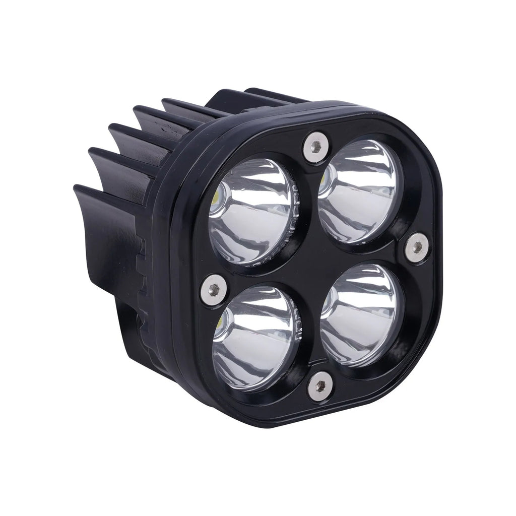 Four-eye clover spotlight headlight with aluminium base plate for vehicle modification.