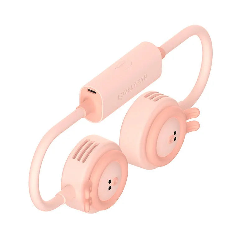 Pink and blue portable hanging neck fan with a flexible folding neck and leafless design.
