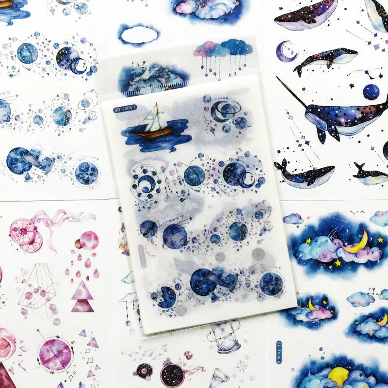 Hand account sticker set with fantasy stars design on Japanese paper, measuring 10.5 by 14.1 cm