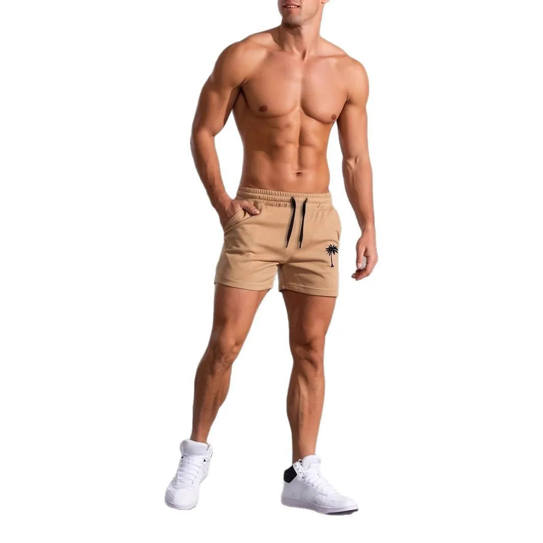 Men's khaki coconut print sports shorts with straight cut design and micro elastic fabric