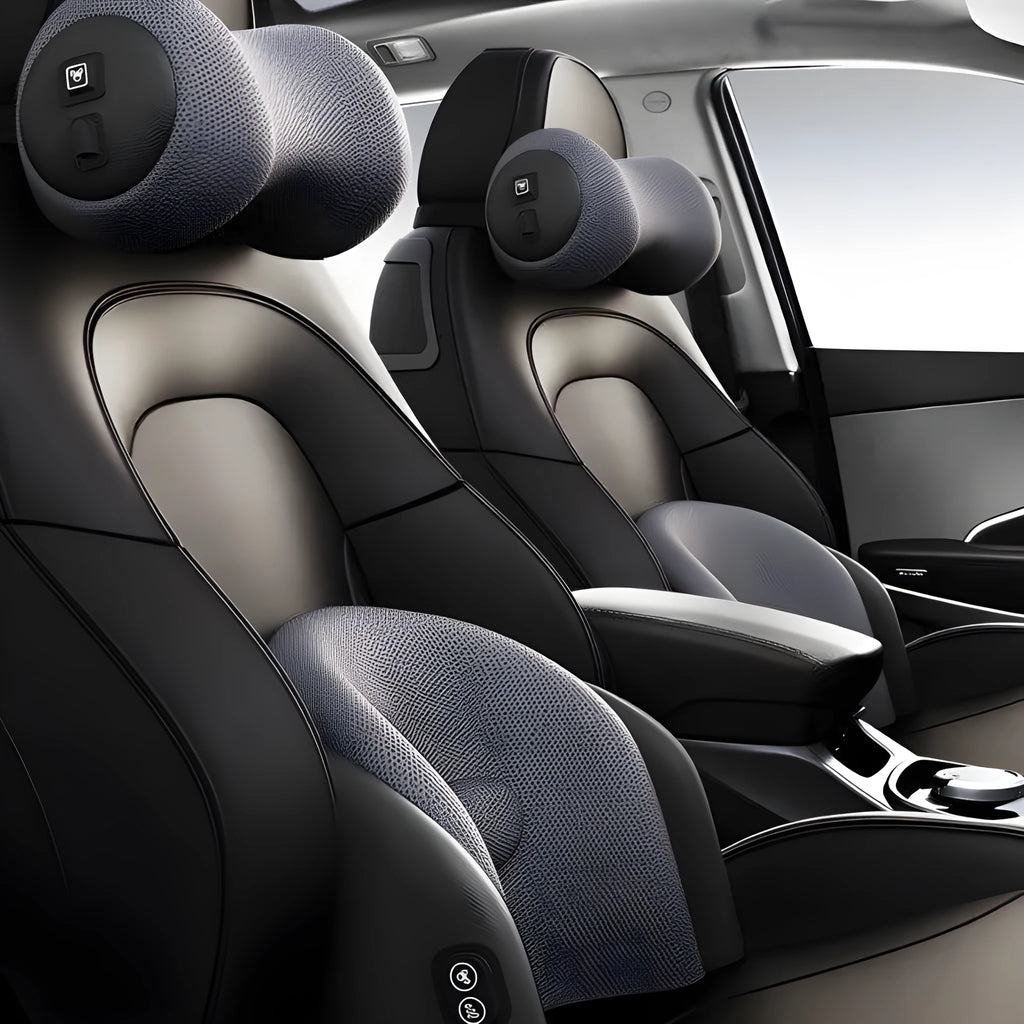 Memory cotton car massage cushion shown as convertible headrest and waist support in classic black colour