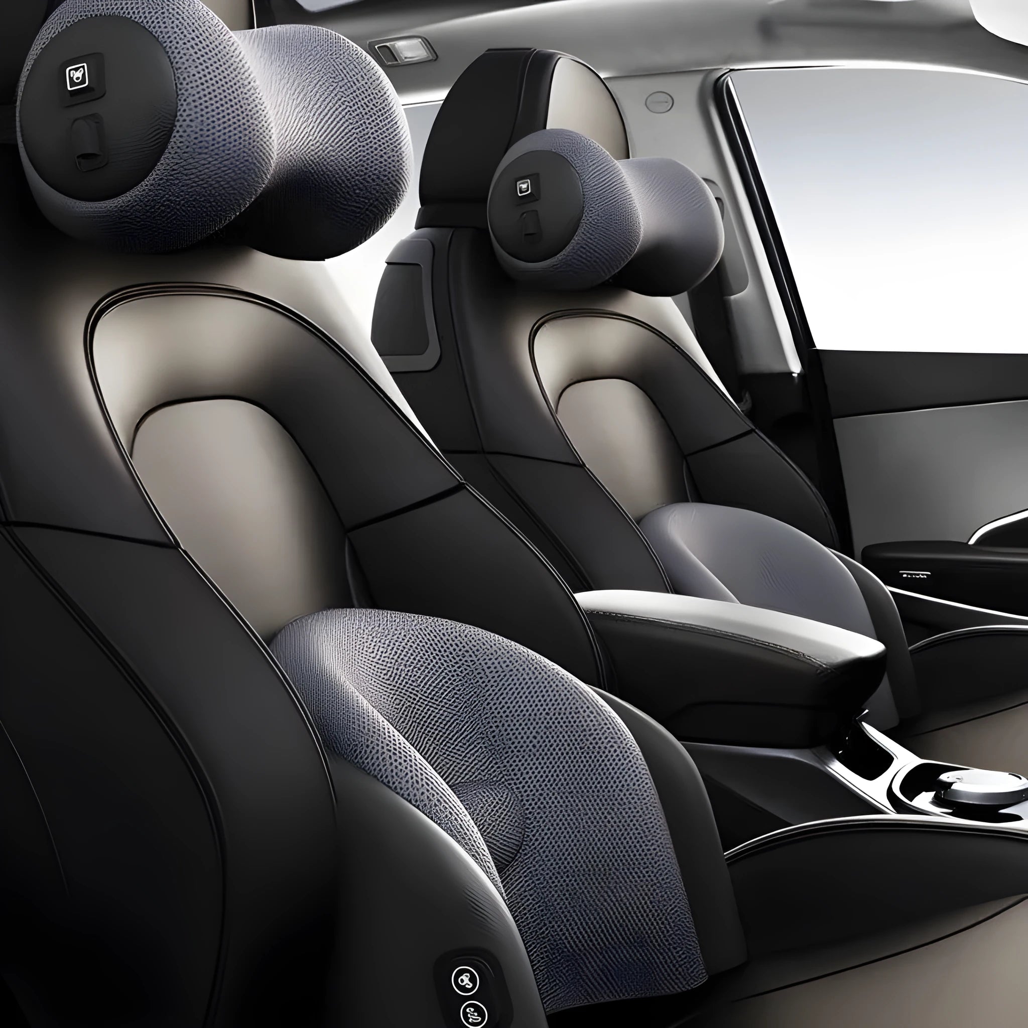 Memory cotton car massage cushion shown as convertible headrest and waist support in classic black colour