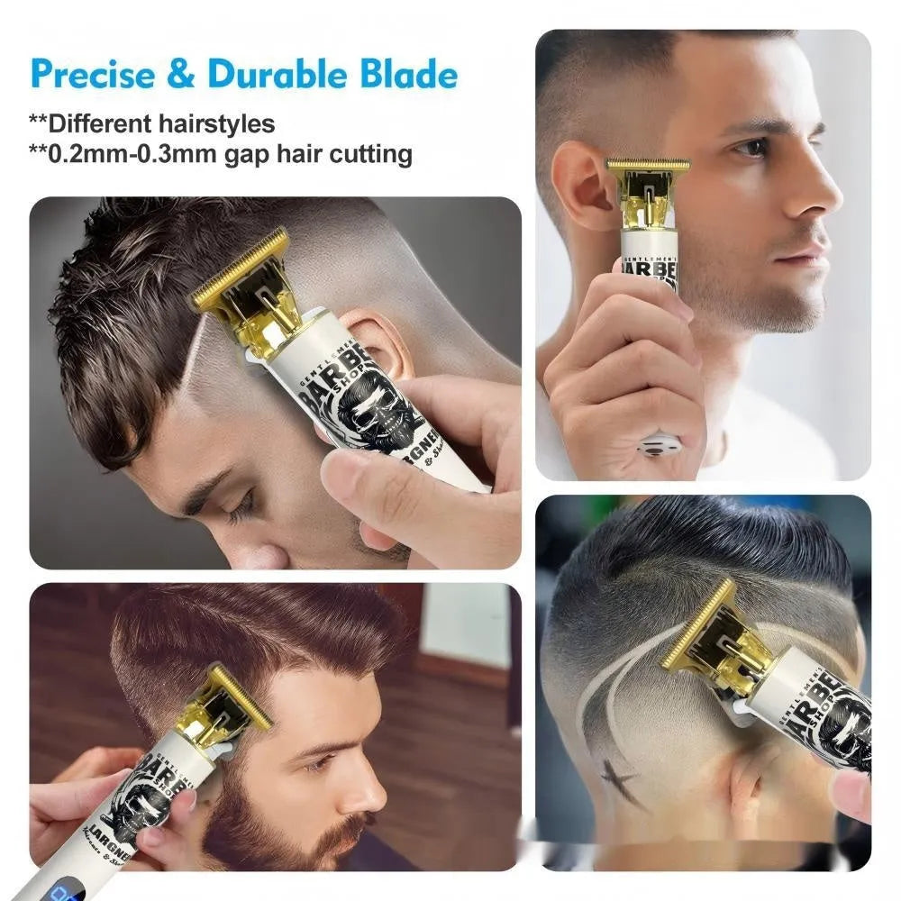 Rechargeable hair clipper with stainless steel cutter head and plastic body on a white background.