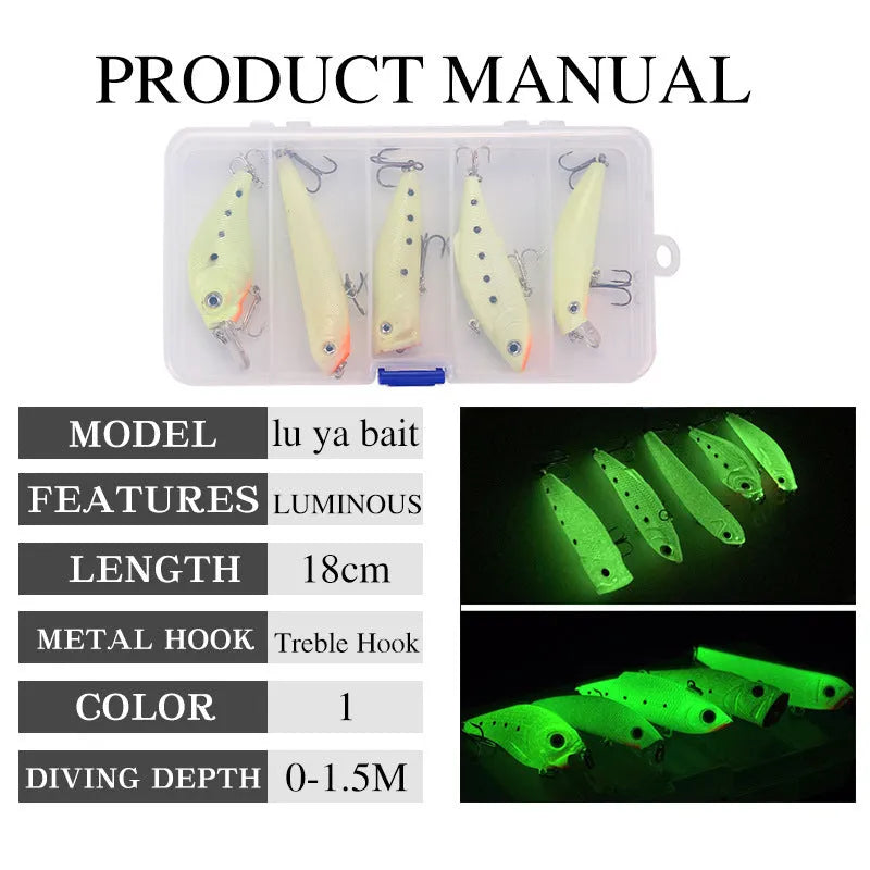 Set of five fluorescent 3D hard fishing bait lures with luminous design for predator fish.