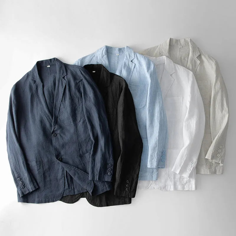 Men's casual linen suit jacket in solid colours showing loose fit and long sleeve design
