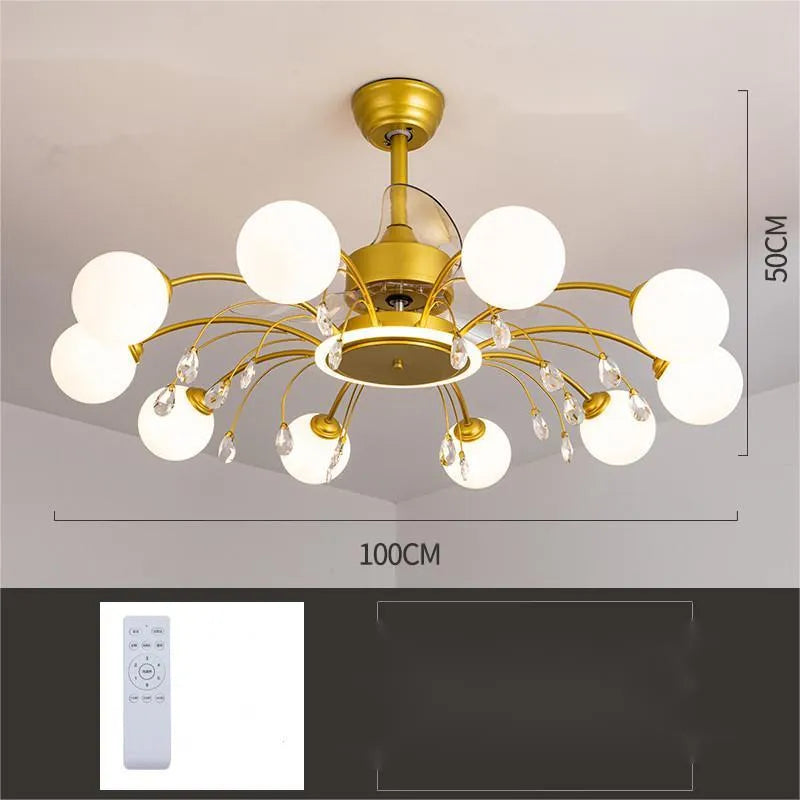 Gold finish ceiling fan chandelier with multiple lights and metal blades, shown on a white ceiling.