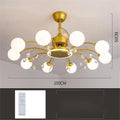 Gold finish ceiling fan chandelier with multiple lights and metal blades, shown on a white ceiling.