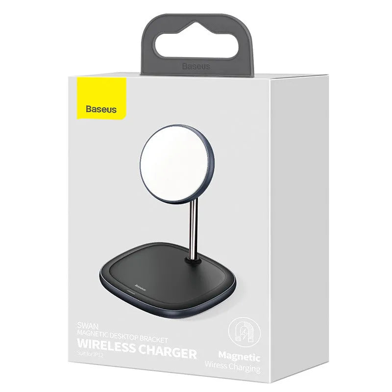Swan magnetic wireless charging stand for iPhone 12 in black or white on a desk