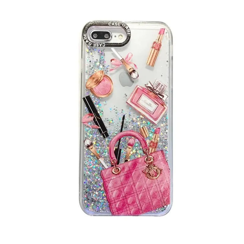 Pink compatible iPhone liquid quicksand cosmetic makeup case with TPU and silicone