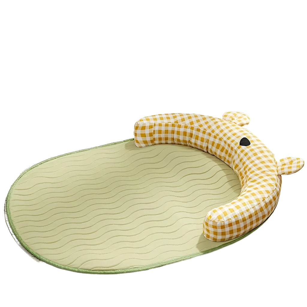 Green and yellow four-season dog cooling mat and pet bed in four sizes for small to extra-large dogs and cats.