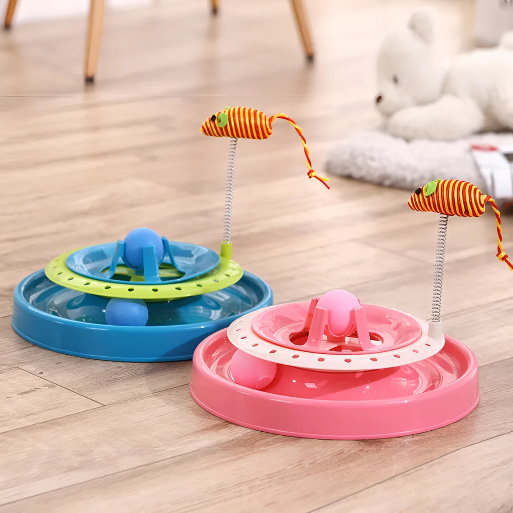 Pink interactive cat play plate toy with spring, PP plastic, 20.6cm diameter, 25.3cm high