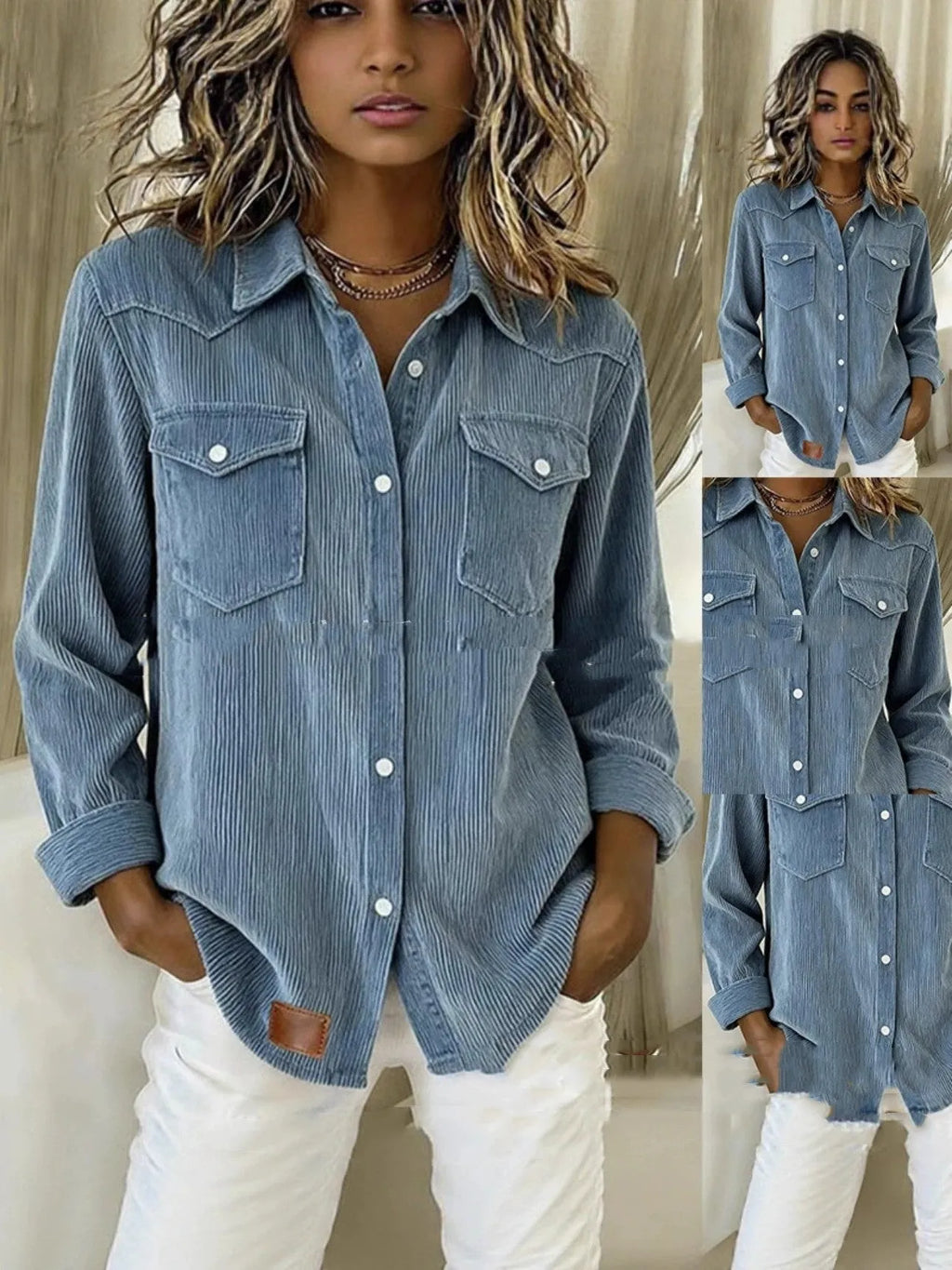 Women's light blue distressed denim cardigan jacket on a flat lay, showing long sleeves and solid colour