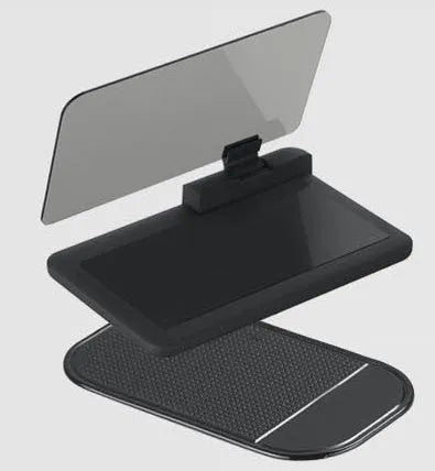 Grey universal smartphone navigation holder with organic glass panel for car centre console.