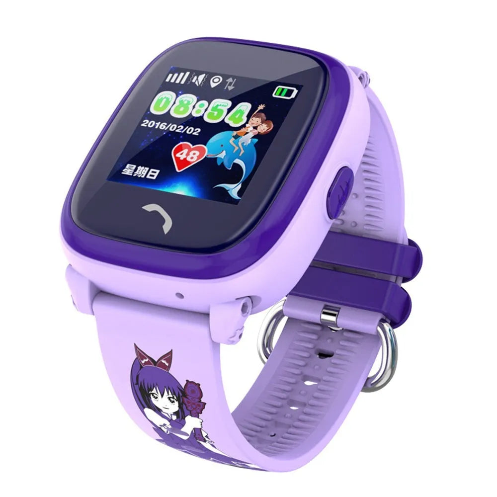 DF25 blue waterproof children's smart watch with touch screen and silicone wristband showing SOS and location tracking features