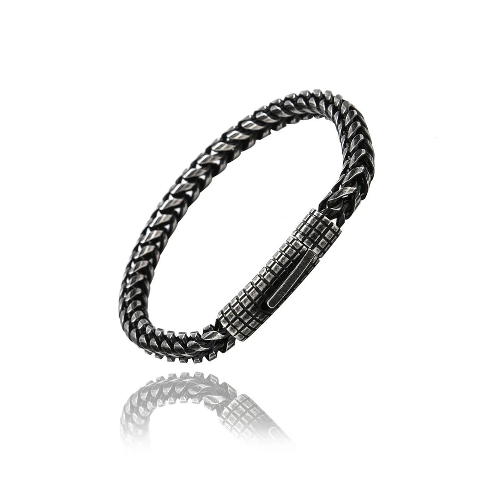Custom stainless steel vintage mens bracelet with retro colour finish, 22.3 cm length, 30 g weight, on neutral background