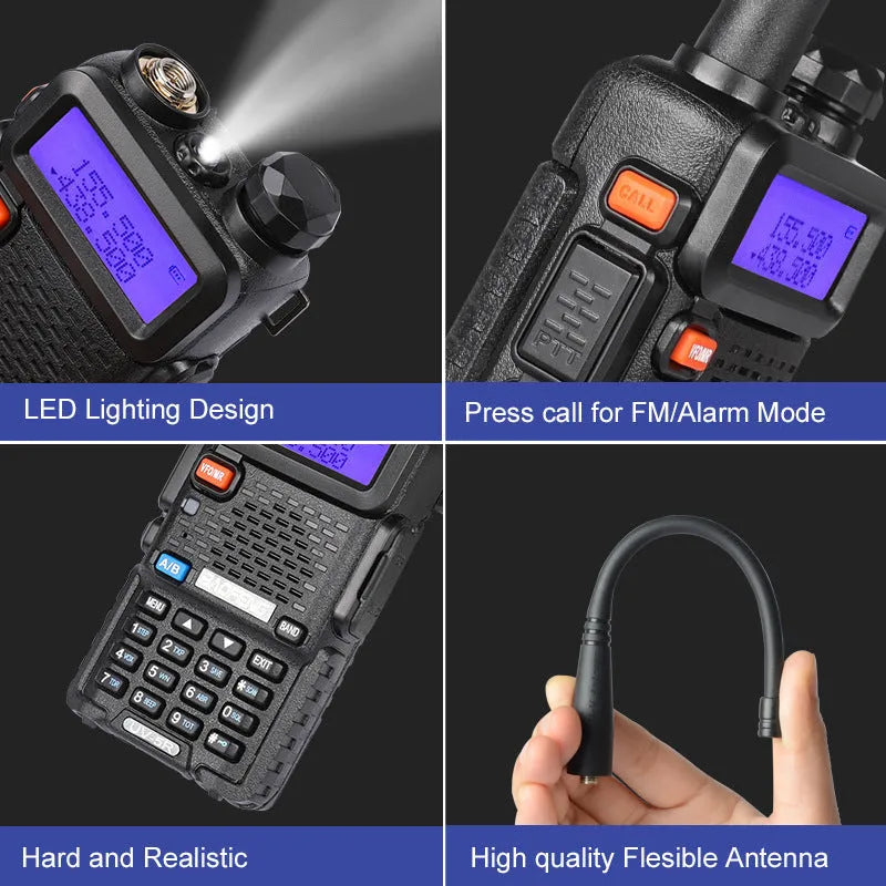 Professional dual-band walkie talkie with antenna showing dimensions 110x58x32mm