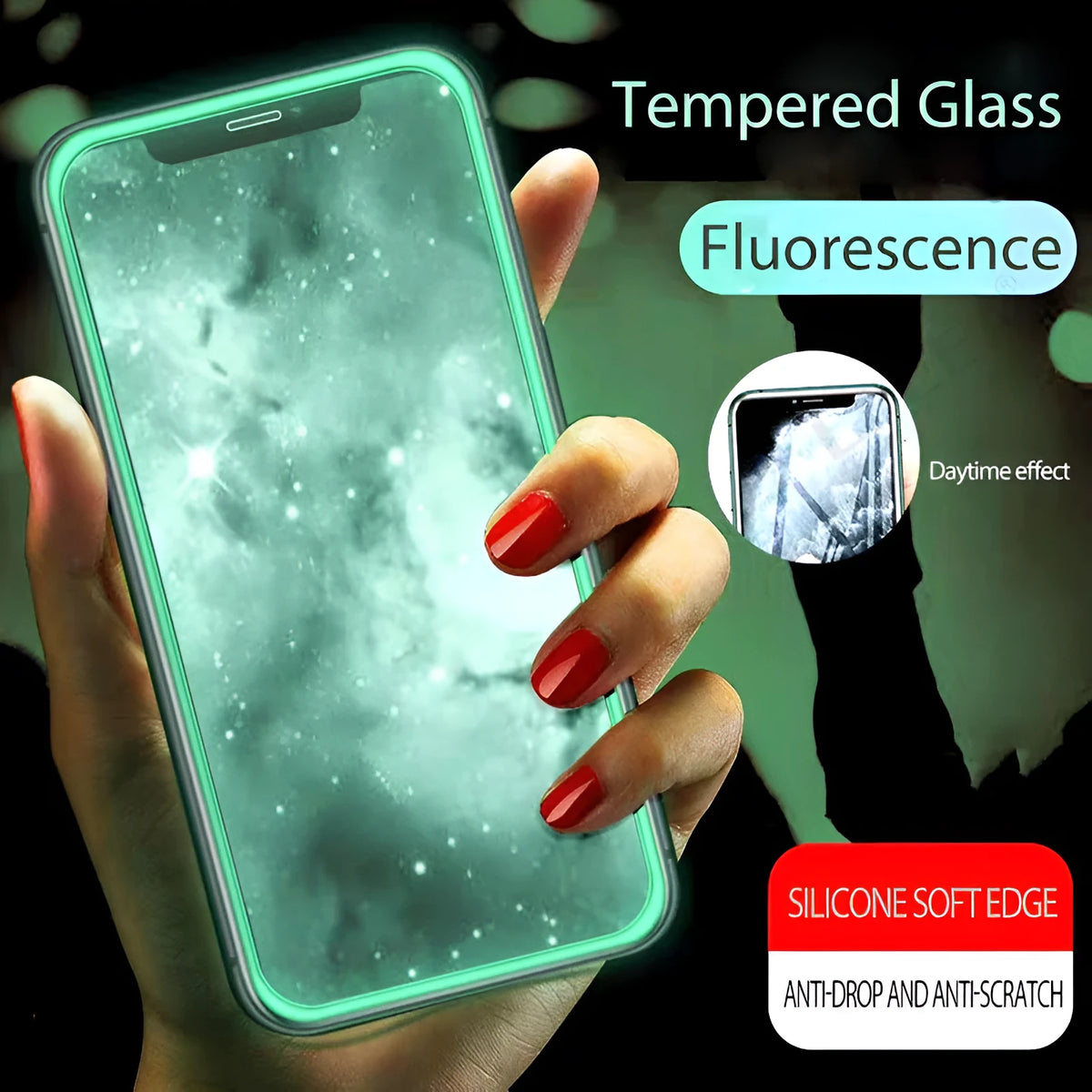 Luminous full cover tempered glass screen protector for iPhone glowing softly in dark conditions.
