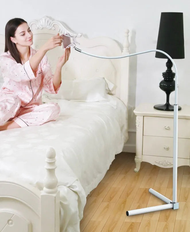 Universal mobile phone bed bracket holder in black or white for hands-free bedside viewing