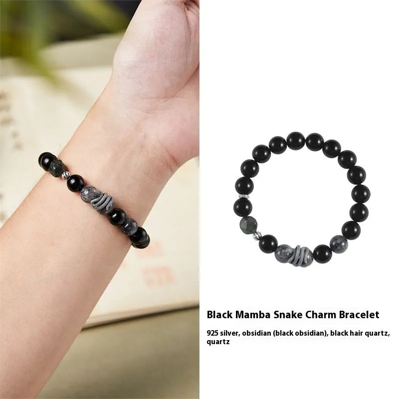 Black retro snake bracelet in 925 sterling silver with obsidian stone, showing animal modelling and certificate