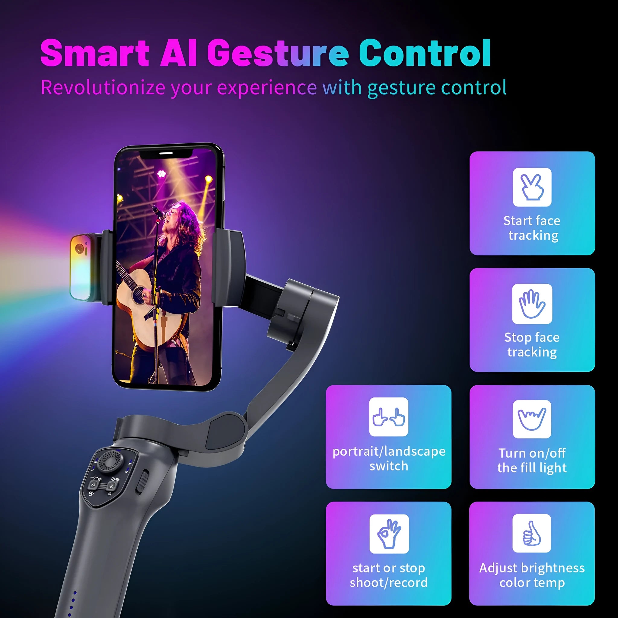 Foldable handheld camera stabilizer in L7Cpro gun colour with USB charging port.