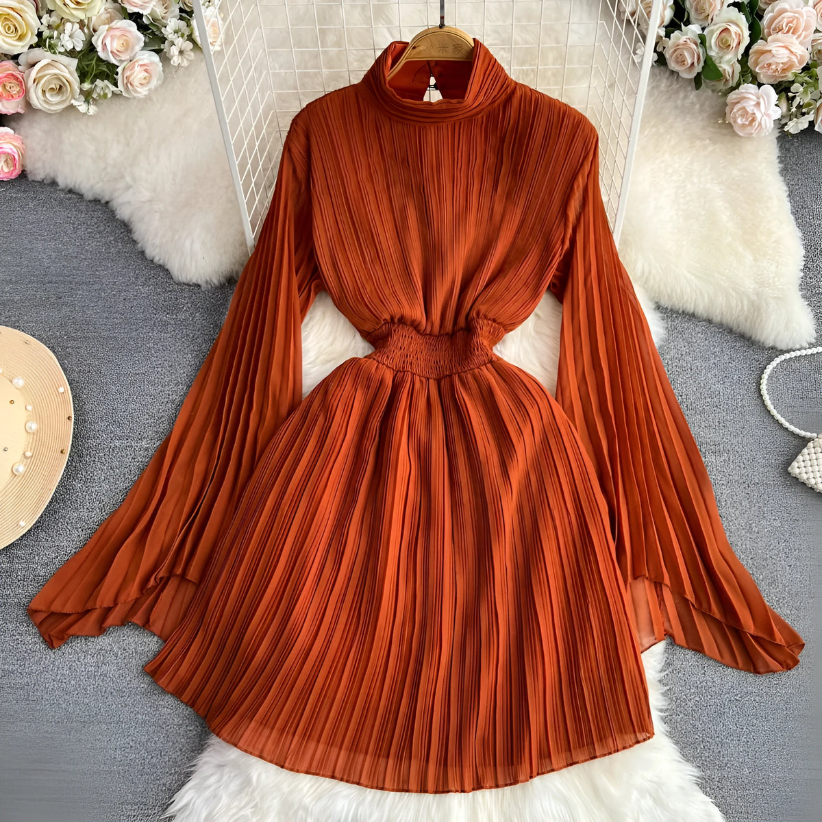 A-line chiffon midi dress with long sleeves and stand collar in high-waist design, available in multiple colours