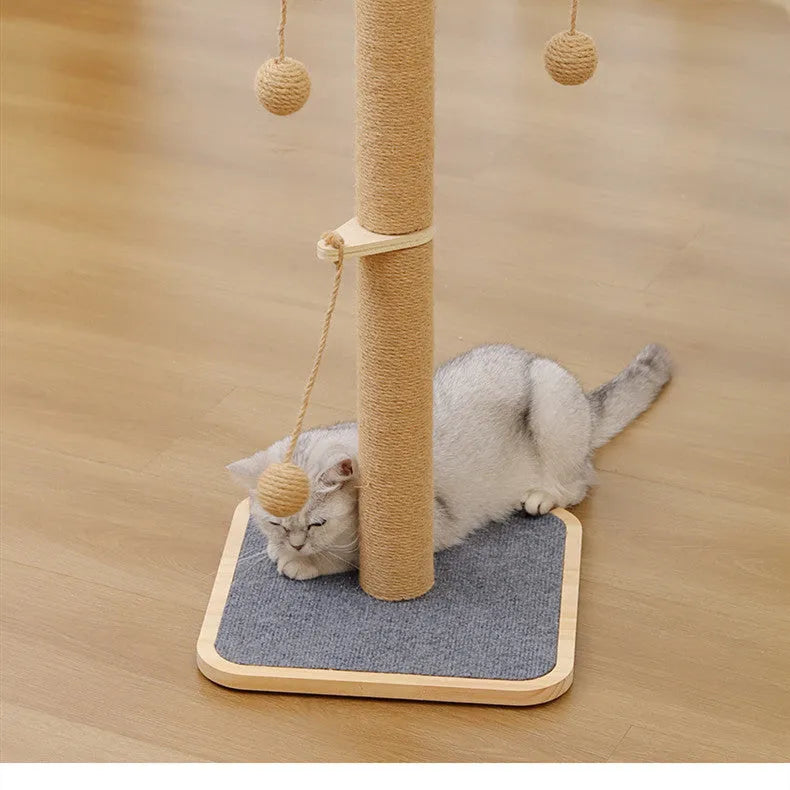 Windmill design cat climbing frame with hanging ball toy, made from pine wood and covered in beige carpet leather.