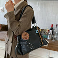 Fengtuote underarm bag in brown, soft PU leather, horizontal square shape with rivets and double shoulder straps