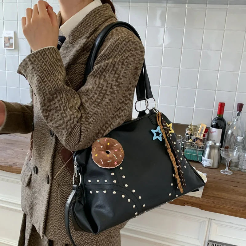 Fengtuote underarm bag in brown, soft PU leather, horizontal square shape with rivets and double shoulder straps