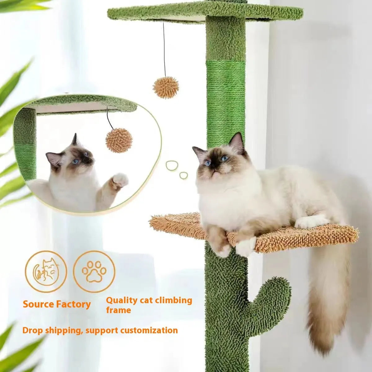 Solid wood cat climbing frame with integrated scratch board and toy measuring TT 40x25x240-260cm