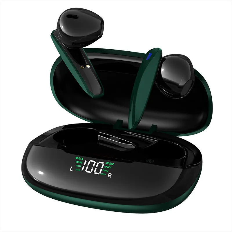 Y2 Green wireless Bluetooth headset with charging case showing low latency gaming earphones