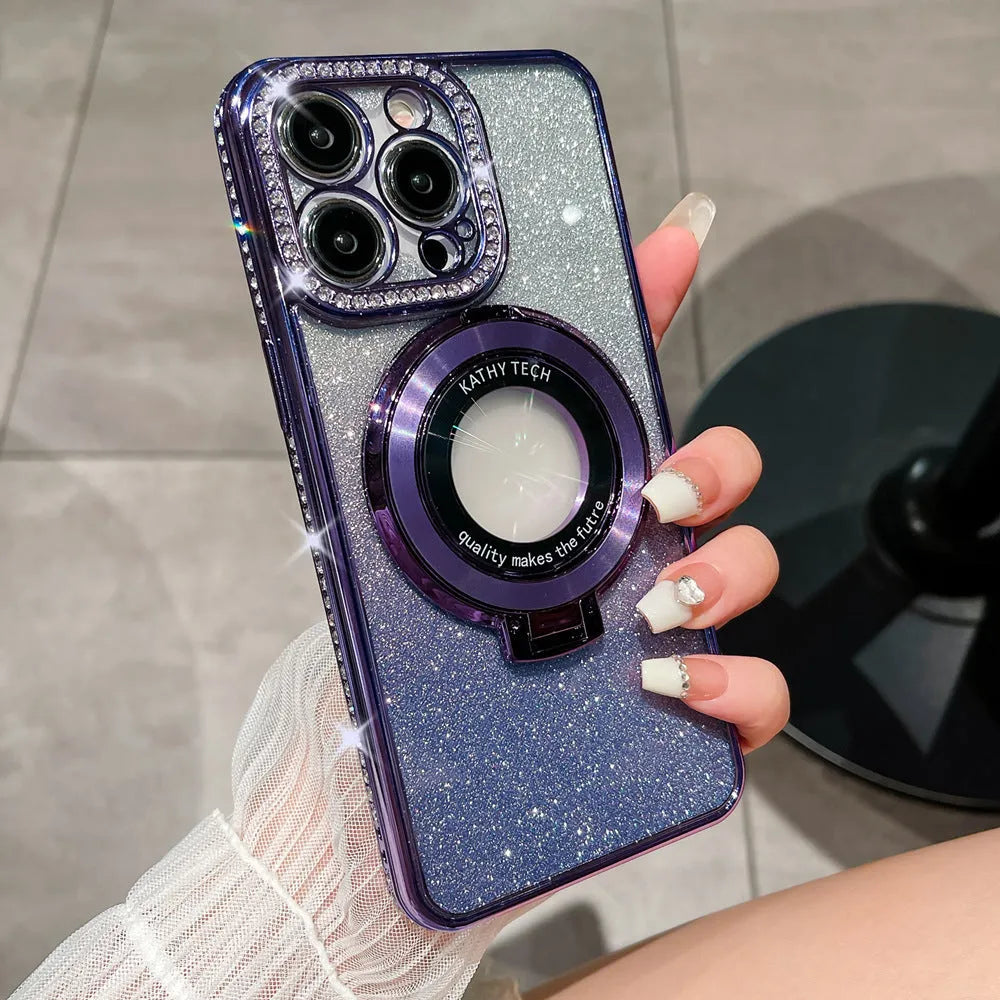 Glitter TPU electroplating magnetic bracket phone case for iPhone 15 Pro Max in purple colour