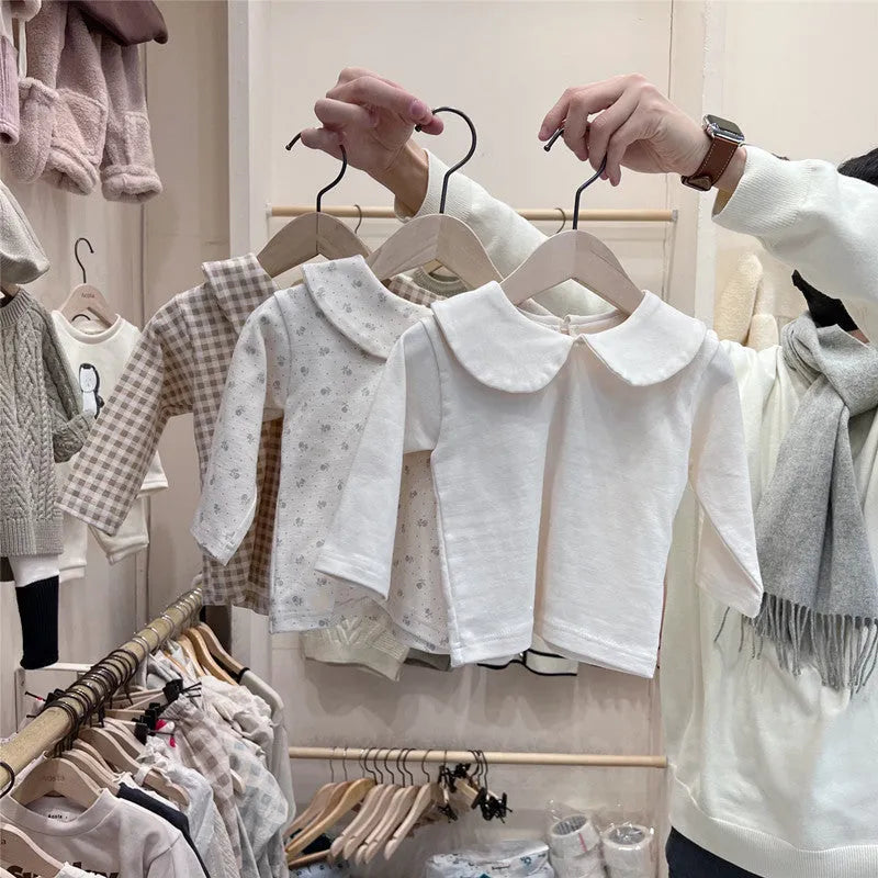 Cotton baby girl top with long sleeves, plaid floral print, white Little Flower options, suitable height 66cm to 100cm.