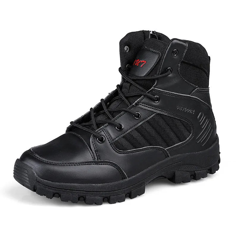Men's high-top hiking shoes in artificial PU with metal accents, shown in black camouflage colour