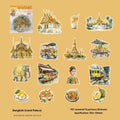 Holiday Journey Series pack of seven retro architecture and travel destination journal stickers.
