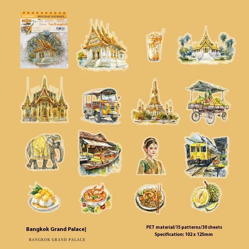 Holiday Journey Series pack of seven retro architecture and travel destination journal stickers.