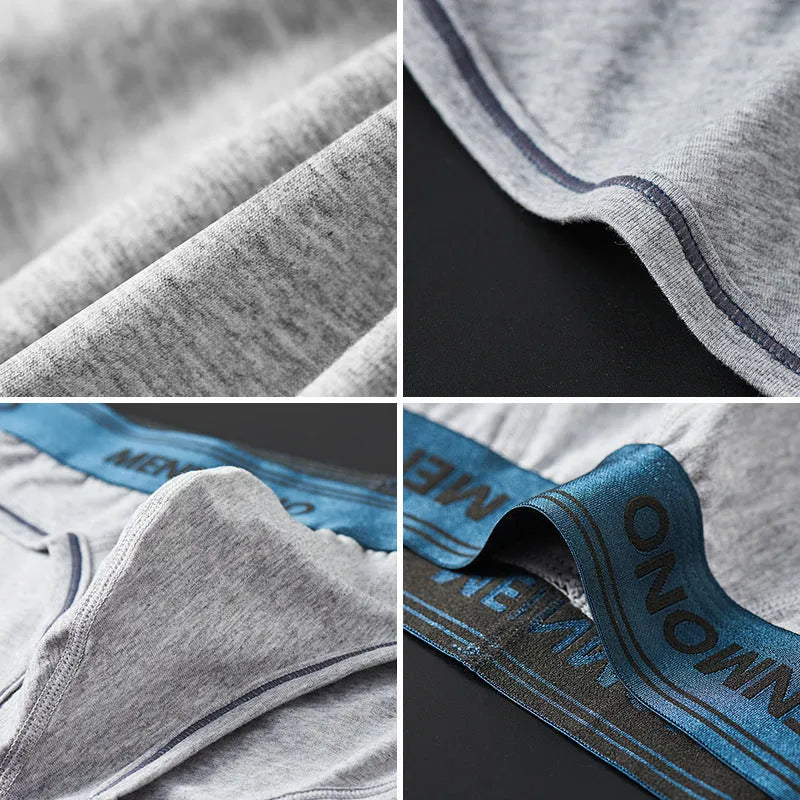 Men's low-waist cotton briefs showing colour options including white/blue, black/red, and grey/green