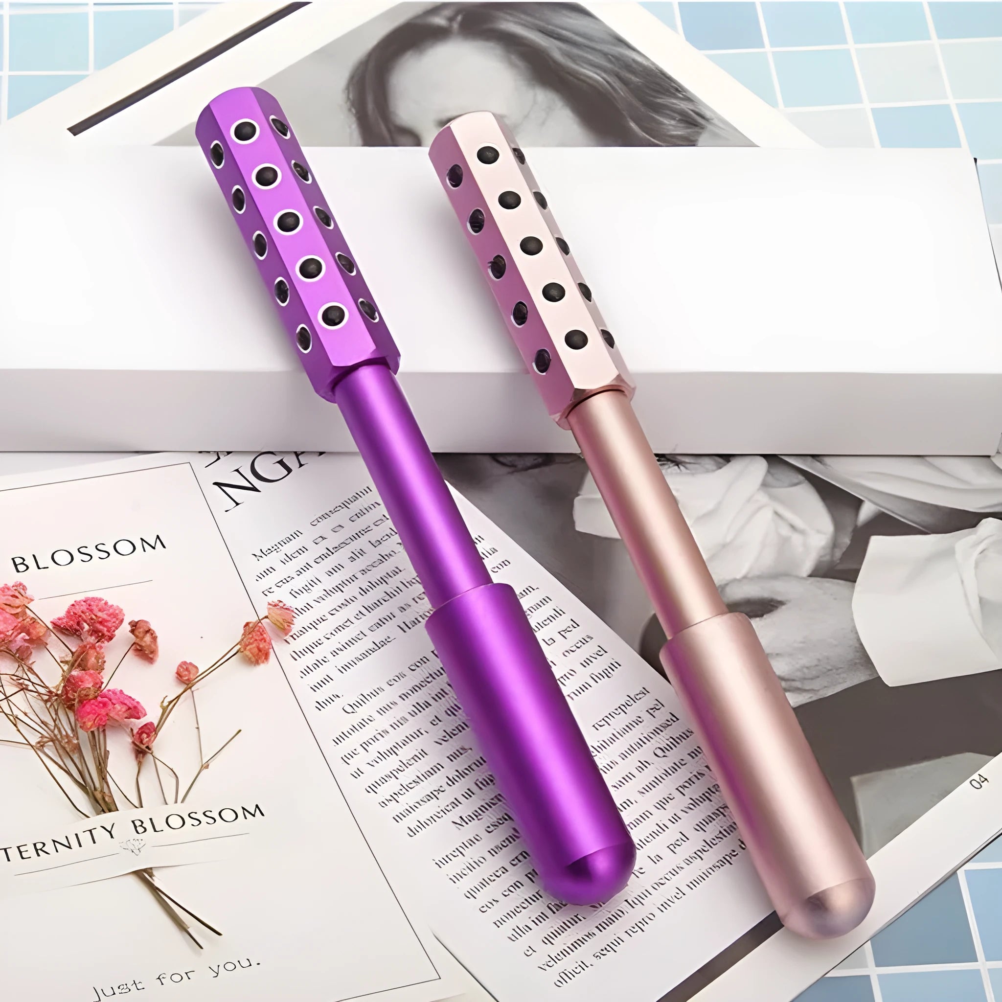 Germanium particle roller facial massage instrument in purple colour with 193mm handle