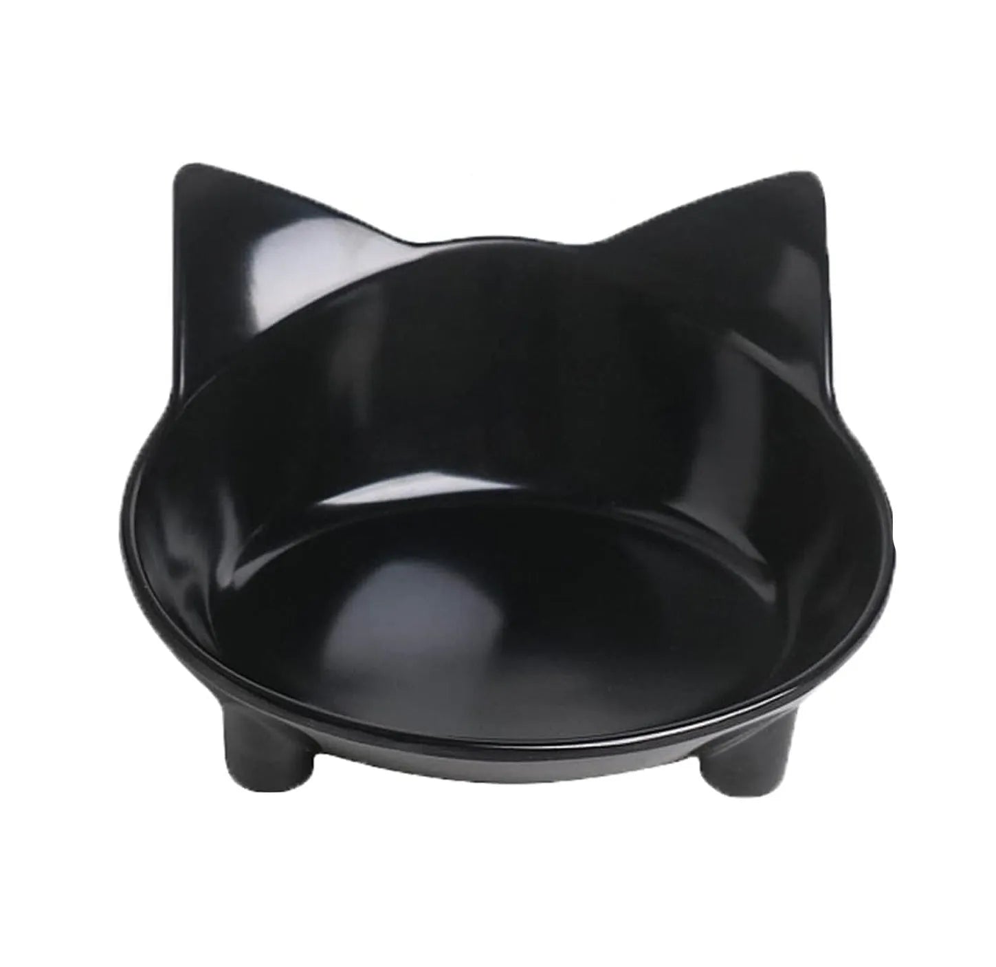 Shallow black melamine cat bowl with non-slip rubber base on a wooden floor.