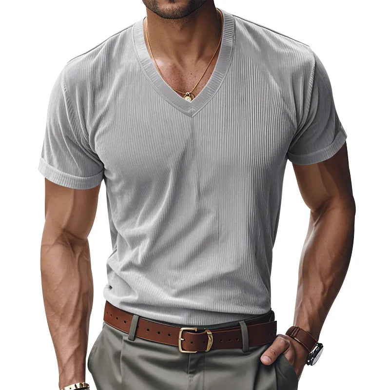 Men's loose V-neck short sleeve polyester top in black, gray, army green, denim blue or apricot, sizes S to XXXL.